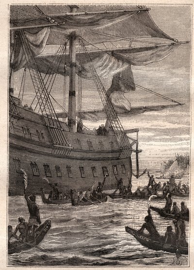 Ursprungsbefolkningen höll bananträdens grenar i handen: Samuel Wallis resa (1728-1795) till Polynesien - ursprungsbefolkningen som håller bananens grenar som en välkomsthälsning - illustration hämtad från "The Great Mariners of the 18th century"" av French School