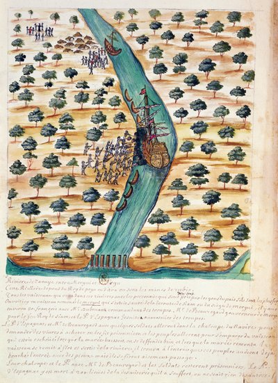 Infödda som attackerar franska skepp på floden Tavoy, från en redogörelse för jesuiterna i Siam, 1688 (wc på papper) av French School