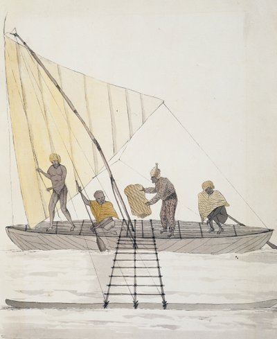 Infödda från Iles Basses och balanserad segelkanot, akvarell av Jules-Louis Lejeune, från Duperrey