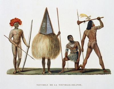 Natives of New Ireland, från Journey around the World, avrättade på kungens order på Hans Majestäts Corvette, La Coquille under åren 1822, 1823, 1824 och 1825, av Louis Isidore Duperrey (1786-18) av French School