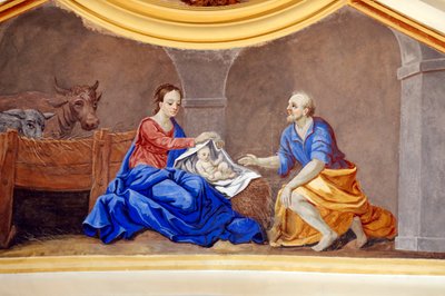Julkrubba. Holly Familjen. St. Nicolas de Veroce kyrka. Måla Frankrike. av French School