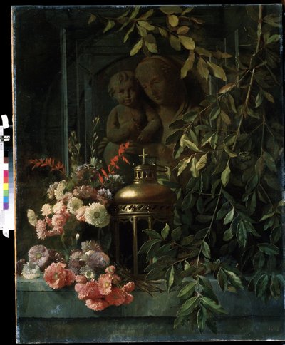 ""Still life"" (Madonna med barn, lykta, blommor (inklusive nejlika) Målning av den franska skolan 1800-talet. Mikhail Kroshitsky Art Museum, Sevastopol (Sevastopol) Ukraina av French School