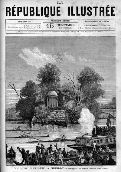 Nautiska kapplöpningar: Franska roddmästerskapen anordnas på Seine mot Ile de la Grande Jatte i Neuilly. En tidning. Gravyr från 1880 i "La republique illustree"" privat samling. av French School
