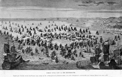 Sjöstrid vid Medelhavet, vunnen av Frankrikes sjöarmé på order av markisen de La Galissonnière, över den i England under befäl av amiral Bink, 20 maj av French School