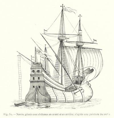 Genuesiska skepp med slott framåt och akter; efter en 1500-talsmålning (gravyr) av French School