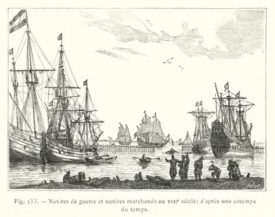 Örlogsskepp och handelsfartyg på 1600-talet; från ett tidstryck (gravyr) av French School