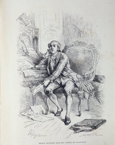 Necker på sitt kontor i Saint-Ouen, omgiven av anteckningar "Reform of Gabelles", "Taxes", "Abolition of Customs" etc. av French School