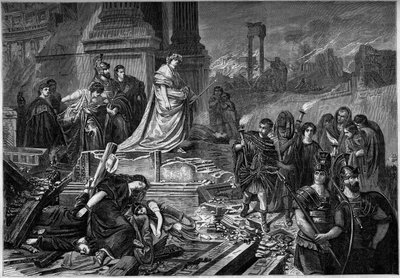 Neron efter branden i Rom 64. Gravyr efter målningen av Karl Theodor von Piloty (1826-1886). I "" Le Monde Illustré"" nr 283 av 13 september 1862. av French School