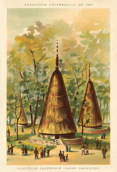 Nya Kaledonien (Kanak-hyddor), Exposition Universelle 1889, Paris (chromolitho) av French School