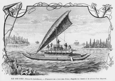 Nya Kaledonien, pirogen på Isle of Pines, efter en penn- och bläckteckning av en deporterad, illustration från bulletinen Les Missions Catholiques, 1893 av French School