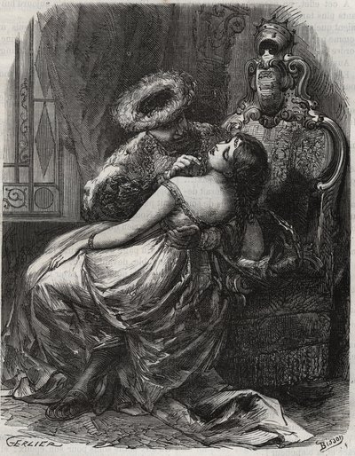 Fin hals! Att en bödel gärna skär av honom! Kung Henrik VIII av England (1491-1547) med sin hustru Catherine Parr (1512-1548). Gravyr från 1871 i "Histoire Des Cocus Celebres"" av Henry de Kock (1819-1892). av French School