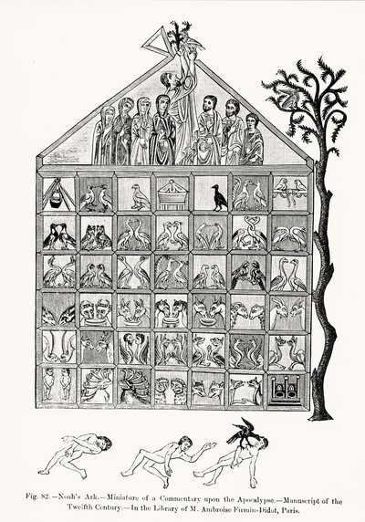 Noaks ark, miniatyr från en kommentar till apokalypsen, illustration från vetenskap och litteratur under medeltiden och renässansen, skriven och graverad av Paul Lacroix, 1878 (svartvitt foto av French School
