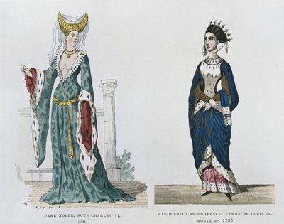 Adelskvinna under Karl VIs regeringstid, Marguerite de Provence, hustru till Ludvig IX, dog 1285, från franska civila och militära dräkter genom århundradena av French School