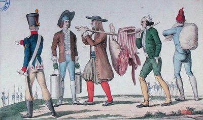 Norman och Breton rekryterar med förnödenheter, från en serie med titeln "The First Steps of a Military Career", tidigt 1800-tal (färgad gravyr) av French School