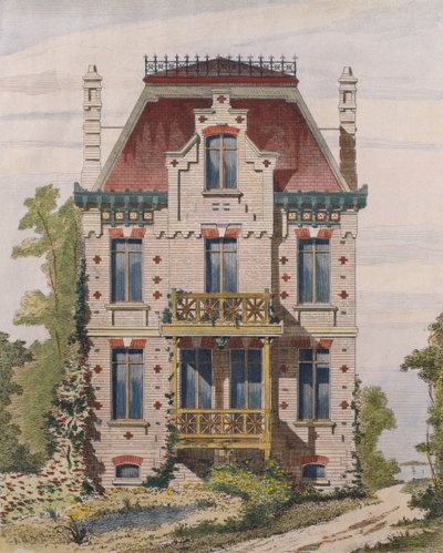 Normandisk villa i Villers sur mer, Normandie, illustration från Le Moniteur des architectes, 1883 (färggravyr) av French School