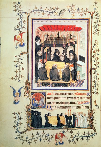 New Lat 3093 f.104 Munkar tar böner, från Tres Belles Heures de Notre Dame de Duc de Berry, c.1380 av French School
