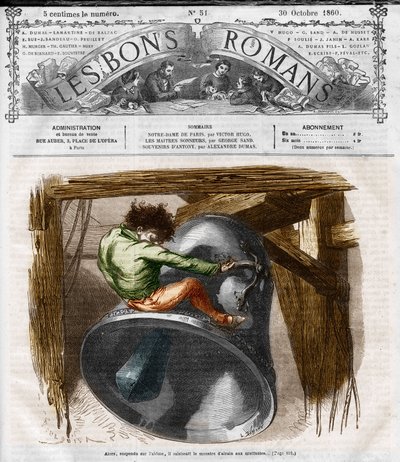Romanserie: "Notre Dame de Paris" av Victor Hugo (1802-1885). Quasimodo på klocktornet. Gravyr i "" Les bons romances"" av French School