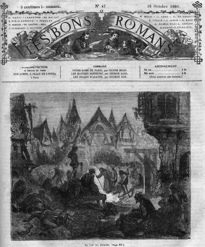 Romanserie: "Notre Dame de Paris" av Victor Hugo (1802-1885). Miraklens domstol. Gravyr i "" Les bons romances"" av French School