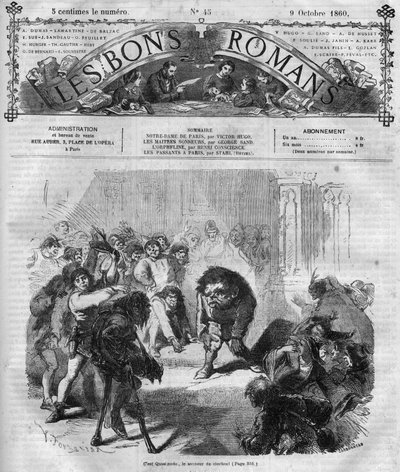 Romanserie: "Notre Dame de Paris" av Victor Hugo (1802-1885). Folkmassorna skrämde och skrattade framför Quasimodo, klockorna ringer. Gravyr i "" Les bons romances"" av French School