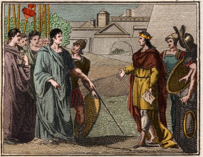 Numa Pompilius, legendarisk andra kung av Rom, återlämnar den heliga skölden till prästerna på Mars. av French School