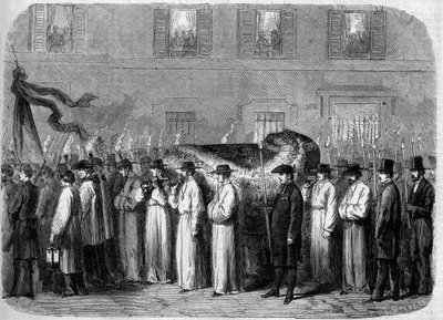 Obseques av Jean Baptiste (Giovanni Battista) Niccolini (1782-1861), 21 september 1861: begravningskonvoj som bär kvarlevorna av den italienska poeten på gatorna i Florens (Firenze), Italien. Gravyr i "" Le Monde Illustré"" nr 234 den 5 oktober av French School