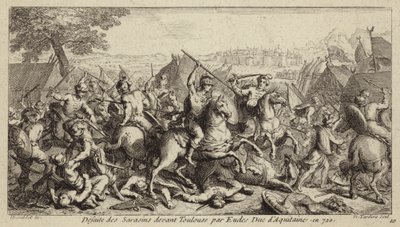 Odo, hertig av Aquitaine, besegrar umayyaderna i slaget vid Toulouse, 721 (gravyr) av French School