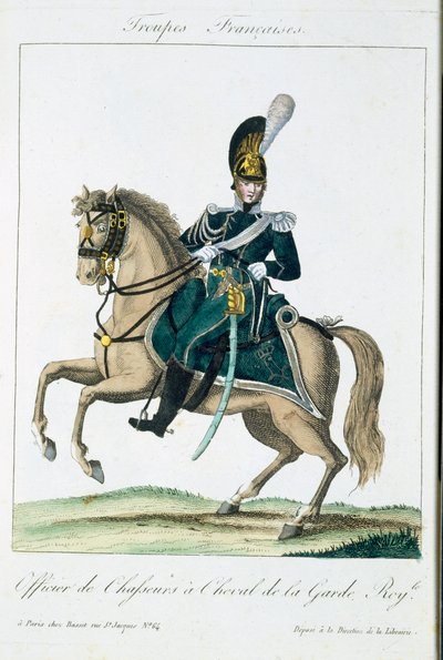 Officer för Royal Horse Guards, från Troupes Francaises, pub. i Basset, Paris, ca 1790 av French School