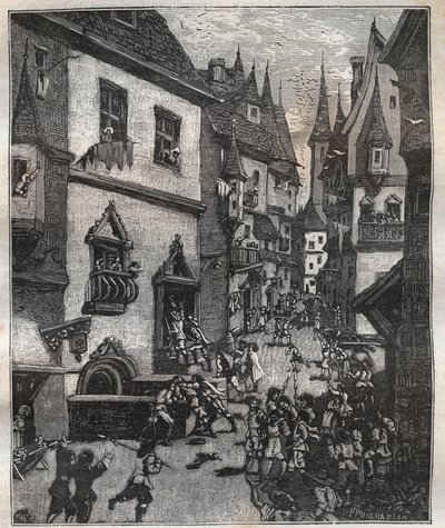 Den 20 maj 1636 arresterades åtta förfalskare i rue Champfleuri av två poliskommissarier åtföljda av ett dussin sergeanter - i "Paris a travers les siecles"" av Nicolas Jules Henri Gourdon de Genouillac (1826-1898) av French School