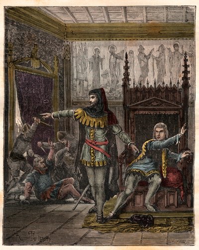 Hundraåriga krig: "" Delfinen Charles (då Karl V) (1338-1380) (den första delfinen i Frankrike) och Etienne Marcel (1302/1310-1358) som mördade två ministrar (marechaux) Robert de Clermont och Jean de Konflans i den franska delfinens rum kl av French School