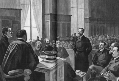 Invigning av förhandlingarna för patrioternas förbund 1889. President Gillet, Naquet, Laisant, Laguerre, Deroulede, Richard, Turquet, Gallian. av French School