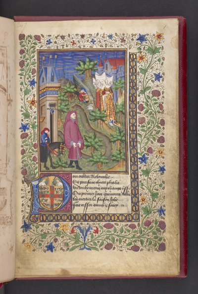 Öppningssida. En gentleman i ett landskap, följt av en annan på en häst, med tre damer.  Le livre des quatre dames; av Alain Chartier. Le livre des quatre damer; av Alain Chartier.  Chartier, Alain, Ospecificerad, sekreterare för Charles V av French School