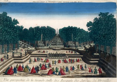 Optisk vy: Perspektivvy av den stora hallen i lundarna i Versailles trädgårdar. Gravyr av 1700-talet. av French School