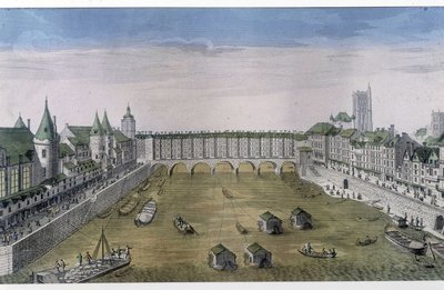 Optisk vy över Paris: Le Pont au change. sd. v. 1800, staden Paris. av French School