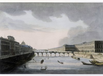 Optisk vy av Paris: Pont des Arts runt 1810, staden Paris. av French School