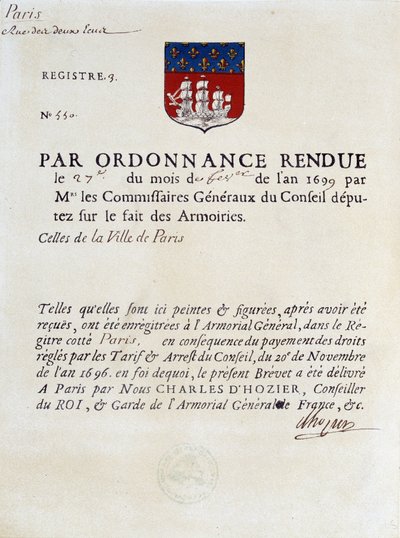 Order om upprättande av staden Paris vapen, 27 februari av French School