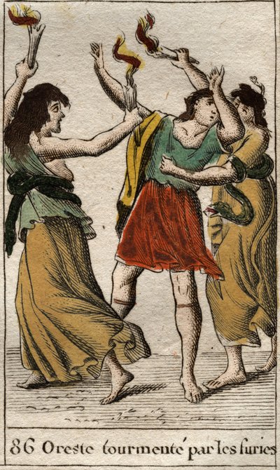Orestes förföljd av erinyerna (eller furierna) för att ha hämnd sin far Agamemnons död genom att döda sin mor Clytemnestra). Från "Mythology of Youth" av Pierre Blanchard 1803. av French School