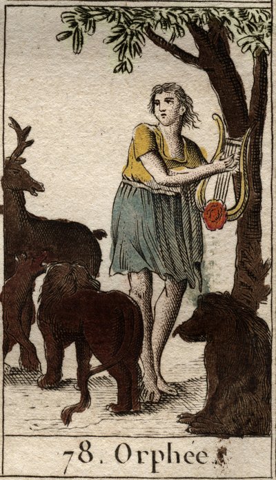 Orpheus charmar de vilda djuren genom att spela sin lyra från "Mythologie de la jeunesse" av Pierre Blanchard 1803. av French School