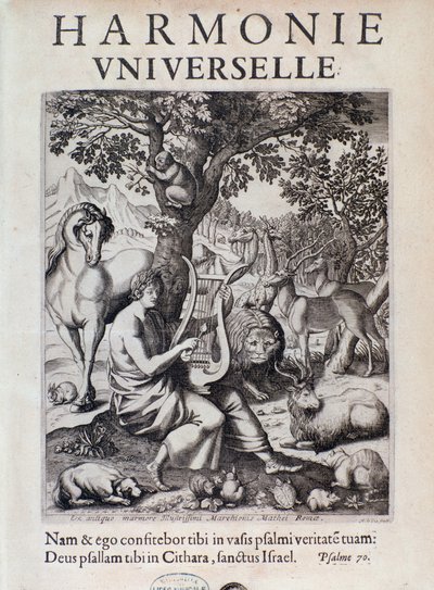 Orfeus spelar för djur. Frontispizbild av Harmonie universelle av Marin Mersenne av French School