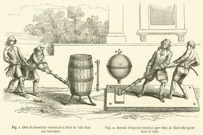 Otto de Guericke försöker skapa ett vakuum i en tunna, andra mottagaren anställd av Otto de Guericke för att skapa ett vakuum (gravyr) av French School