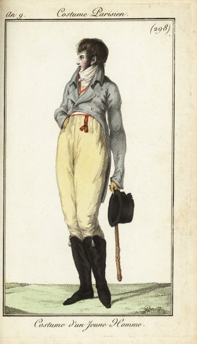 Outfit of a young man or Incroyable, maj 1801 (handfärgad kopparstick) av French School