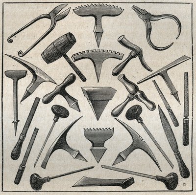 Golfevre verktyg. Gravyr från 1885 i ””Les arts et professions illustrés”” av Adolphe BITARD. av French School