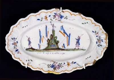 Oval tallrik med inskriptionen Vive le Roi et la Nation 1790, Nevers verkstad, (keramik) av French School