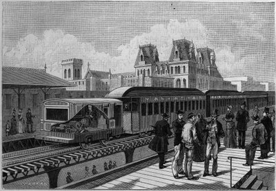 Översikt över Elevated Railroad station och elektriska tåg i New York, USA. Gravyr i "" La Nature. Revue des sciences et de ses applications aux arts et a l