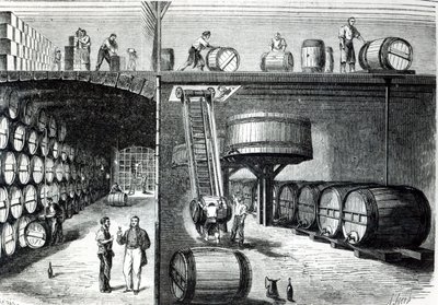 P. Morel och F. Souzac källare och verkstäder i Bordeaux från Le Monde Illustre, 1864 av French School