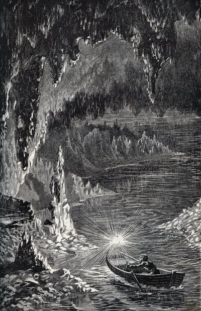 Padirac-grottan i Lot-avdelningen, i Frankrike - Underjordisk flod - Gouffre de Padirac - i Lot i Frankrike - gravyr i "" PATRIE" - PIK BESKRIVNING AV FRANKRIKE I 6 VOLYER AV LUCIEN HUARD - slutet av 1800-talet av French School
