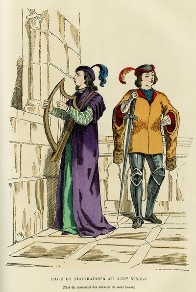 Siddräkter och trubadur på 1200-talet. Färggravyr efter en ritning av manuskriptet av Saint Louis mirakel (Louis IX 1214-1270), i "France et les francais à travers les centuries" av Augustin Challamel, F.Roy redaktör, Paris 1882. S av French School