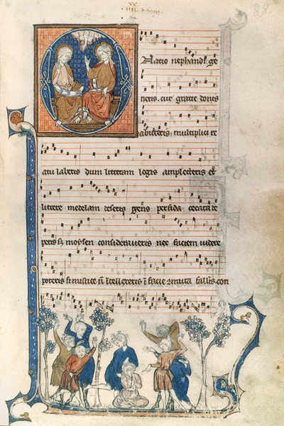 Sida från ett manuskript för en parisisk sångare, med illustrationer av den heliga treenigheten och spelet Blind Mans Bluff, ca 1280-1315 av French School