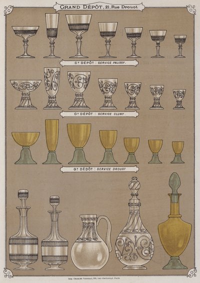 Sida från katalogen för Grand Depot de Porcelaines, Faiences et Verreries (färg litho) av French School