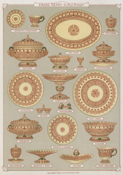 Sida från katalogen för Grand Depot de Porcelaines, Faiences et Verreries (färg litho) av French School