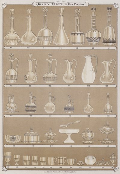 Sida från katalogen för Grand Depot de Porcelaines, Faiences et Verreries (färg litho) av French School